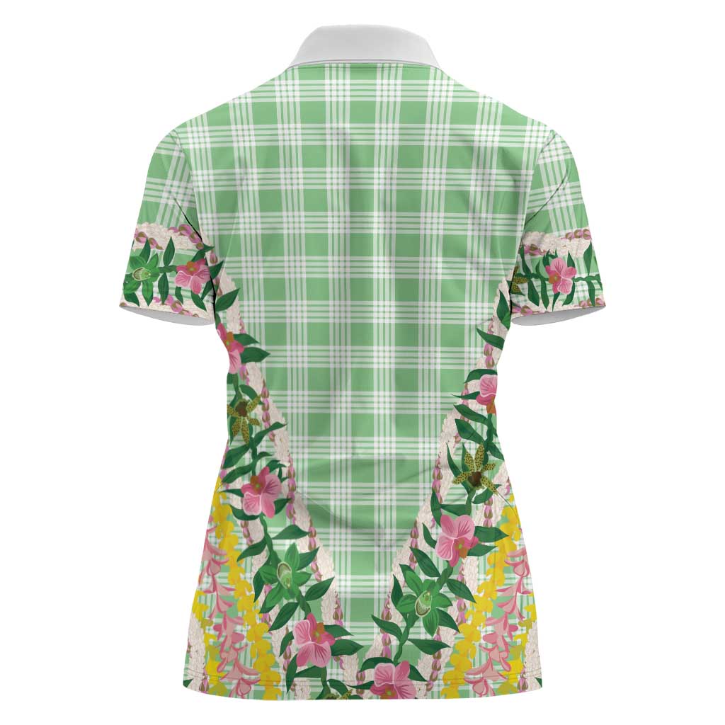 Hawaii Pikake Lokelani Plumeria Lei Women Polo Shirt Green Palaka Motifs LT05 - Polynesian Pride