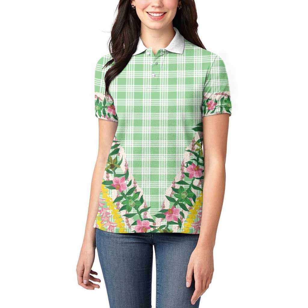 Hawaii Pikake Lokelani Plumeria Lei Women Polo Shirt Green Palaka Motifs LT05 - Polynesian Pride