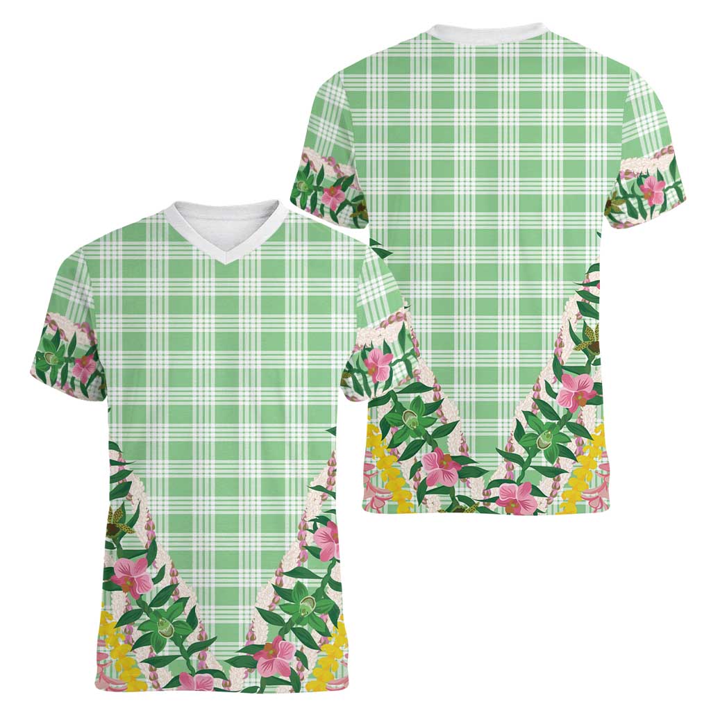 Hawaii Pikake Lokelani Plumeria Lei Women V-Neck T-Shirt Green Palaka Motifs LT05 - Polynesian Pride