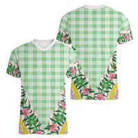 Hawaii Pikake Lokelani Plumeria Lei Women V-Neck T-Shirt Green Palaka Motifs LT05 - Polynesian Pride