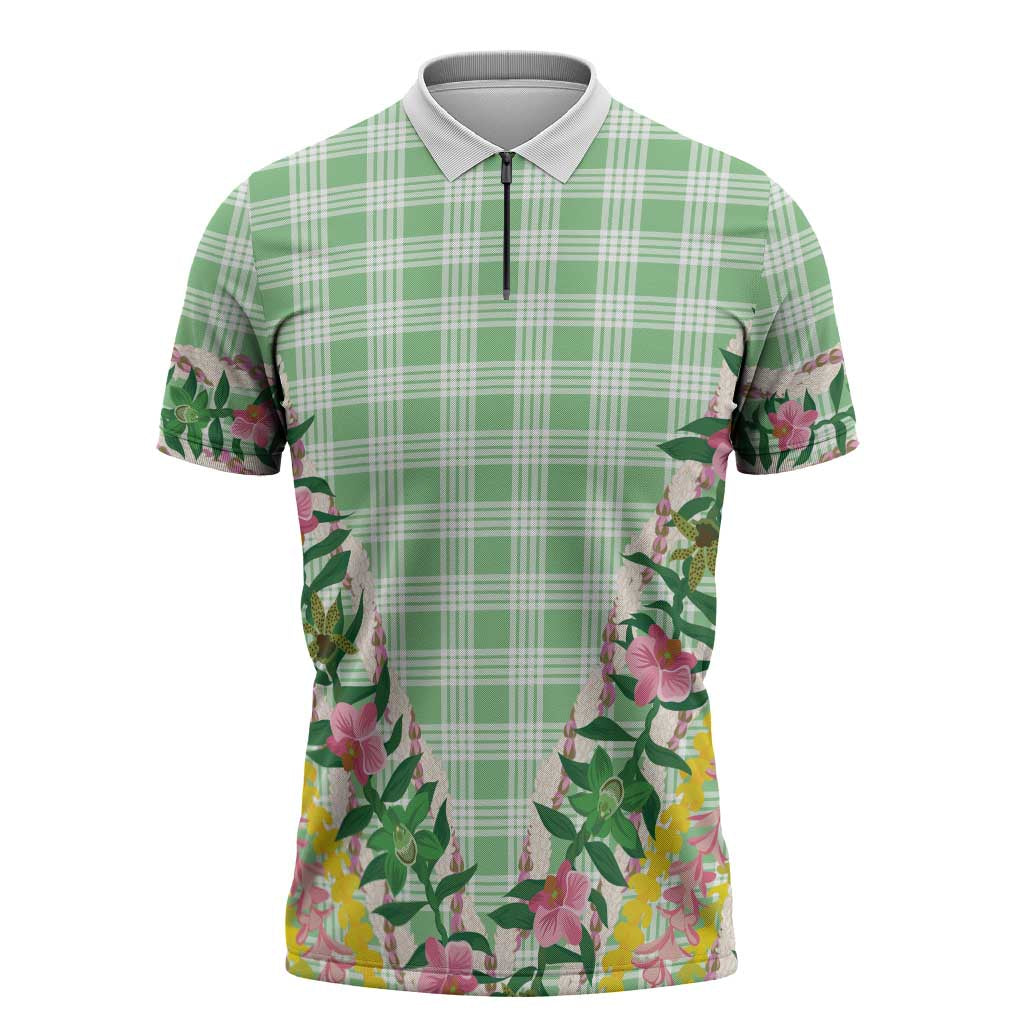 Hawaii Pikake Lokelani Plumeria Lei Zipper Polo Shirt Green Palaka Motifs