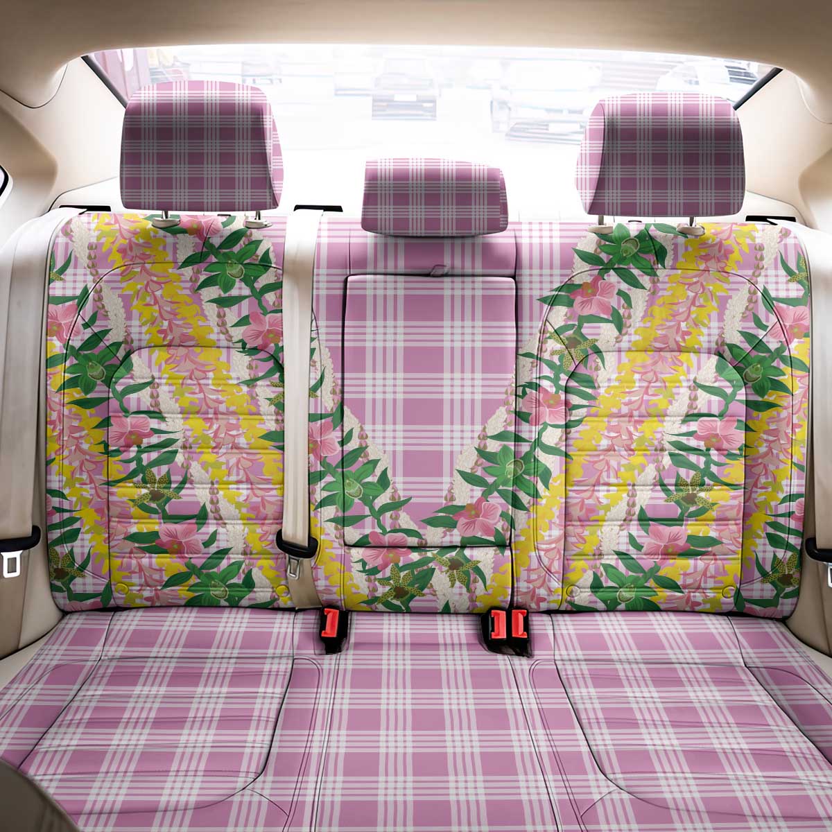 Hawaii Pikake Lokelani Plumeria Lei Back Car Seat Cover Pink Palaka Motifs