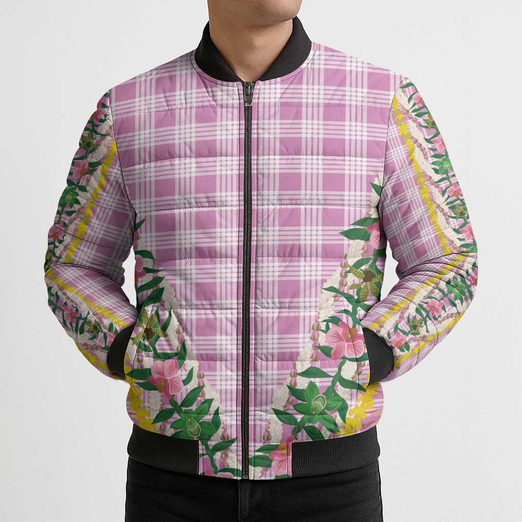 Hawaii Pikake Lokelani Plumeria Lei Bomber Puffer Jacket Pink Palaka Motifs