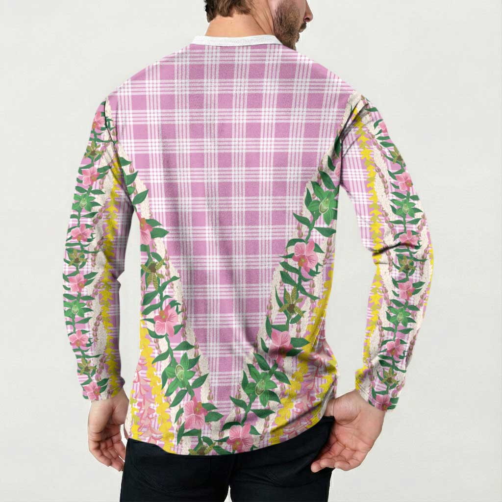 Hawaii Pikake Lokelani Plumeria Lei Button Sweatshirt Pink Palaka Motifs