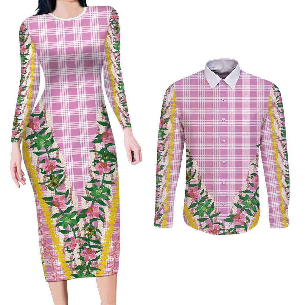 Hawaii Pikake Lokelani Plumeria Lei Couples Matching Long Sleeve Bodycon Dress and Long Sleeve Button Shirt Pink Palaka Motifs