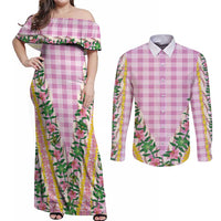 Hawaii Pikake Lokelani Plumeria Lei Couples Matching Off Shoulder Maxi Dress and Long Sleeve Button Shirt Pink Palaka Motifs LT05 Pink - Polynesian Pride
