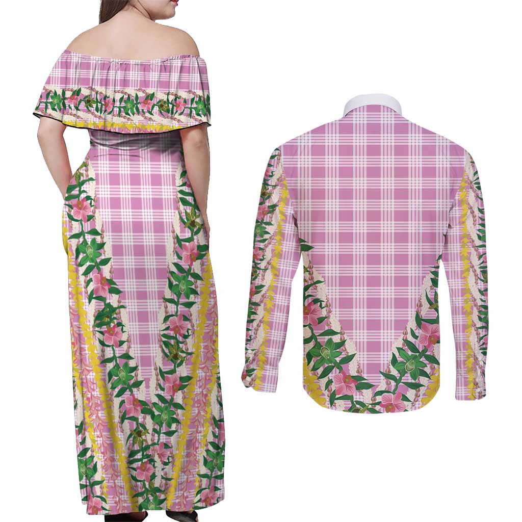 Hawaii Pikake Lokelani Plumeria Lei Couples Matching Off Shoulder Maxi Dress and Long Sleeve Button Shirt Pink Palaka Motifs LT05 - Polynesian Pride