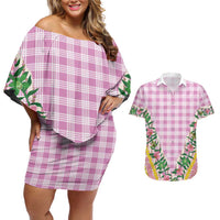 Hawaii Pikake Lokelani Plumeria Lei Couples Matching Off Shoulder Short Dress and Hawaiian Shirt Pink Palaka Motifs LT05 Pink - Polynesian Pride