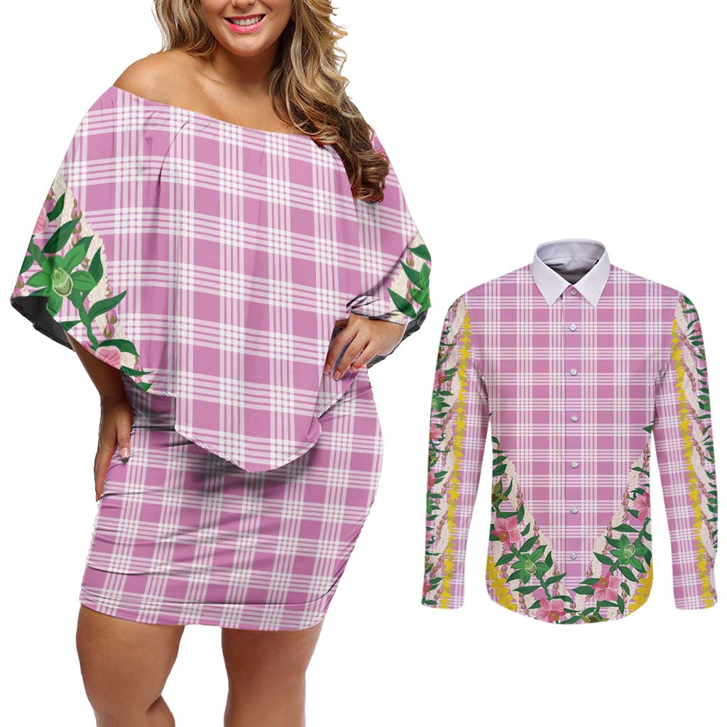 Hawaii Pikake Lokelani Plumeria Lei Couples Matching Off Shoulder Short Dress and Long Sleeve Button Shirt Pink Palaka Motifs LT05 Pink - Polynesian Pride