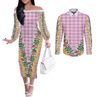 Hawaii Pikake Lokelani Plumeria Lei Couples Matching Off The Shoulder Long Sleeve Dress and Long Sleeve Button Shirt Pink Palaka Motifs LT05 Pink - Polynesian Pride
