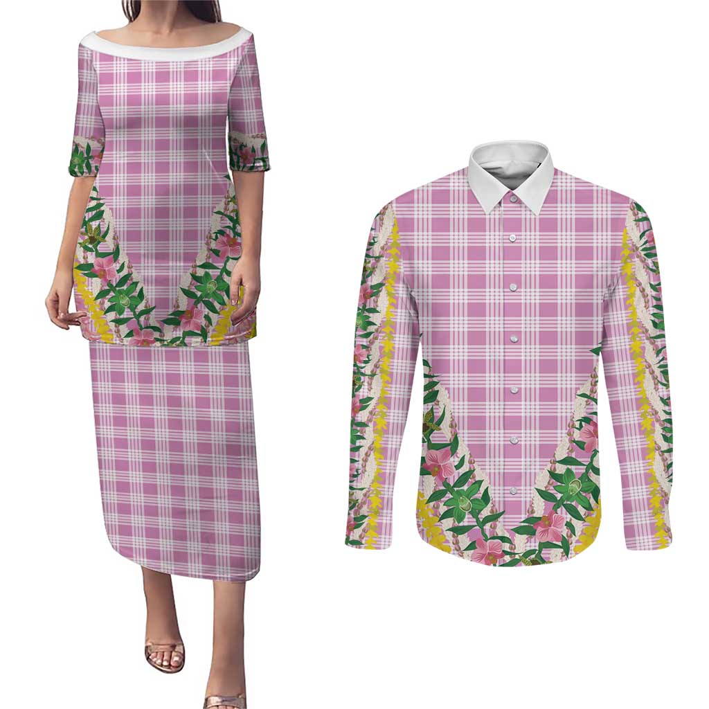 Hawaii Pikake Lokelani Plumeria Lei Couples Matching Puletasi and Long Sleeve Button Shirt Pink Palaka Motifs