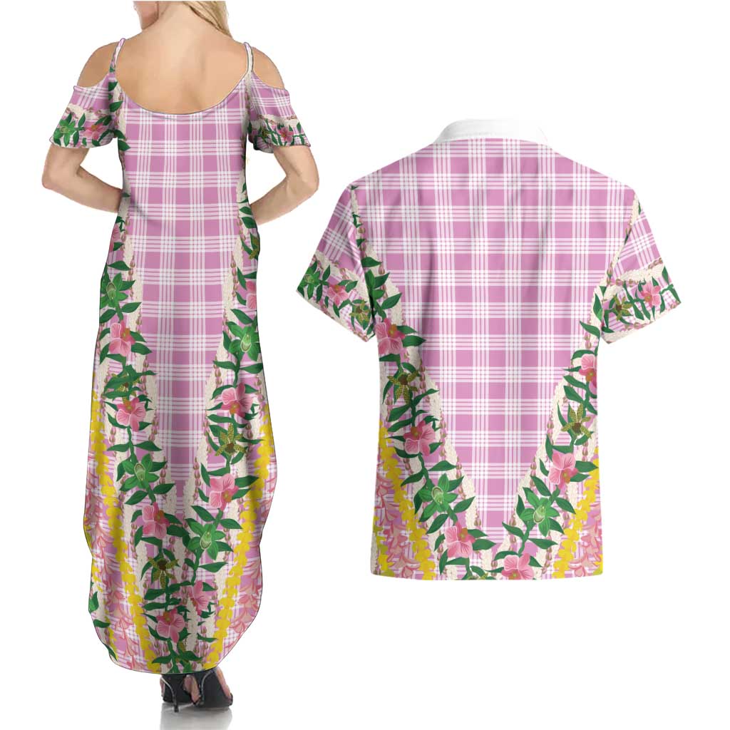 Hawaii Pikake Lokelani Plumeria Lei Couples Matching Summer Maxi Dress and Hawaiian Shirt Pink Palaka Motifs LT05 - Polynesian Pride