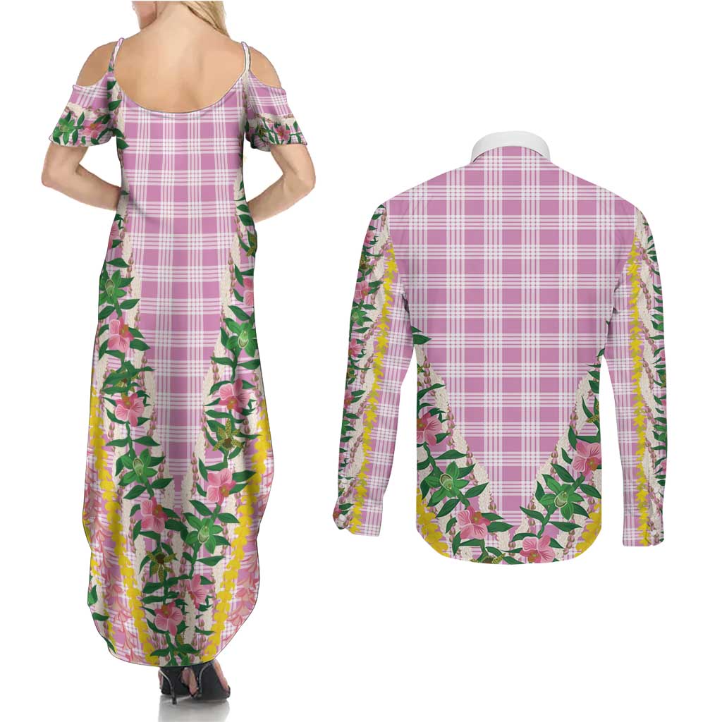 Hawaii Pikake Lokelani Plumeria Lei Couples Matching Summer Maxi Dress and Long Sleeve Button Shirt Pink Palaka Motifs LT05 - Polynesian Pride
