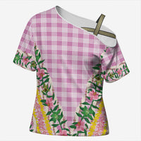 Hawaii Pikake Lokelani Plumeria Lei Cross Shoulder Shirt Pink Palaka Motifs