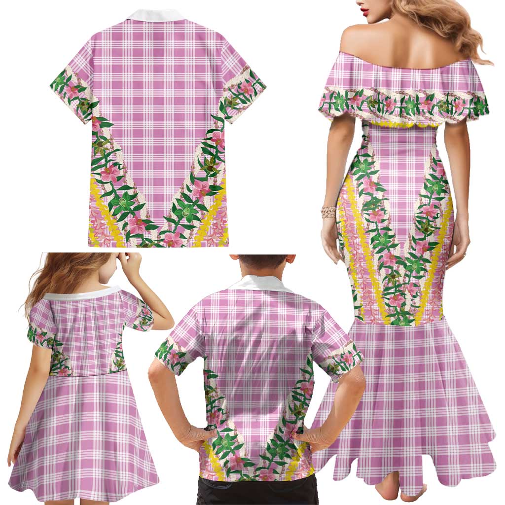 Hawaii Pikake Lokelani Plumeria Lei Family Matching Mermaid Dress and Hawaiian Shirt Pink Palaka Motifs LT05 - Polynesian Pride