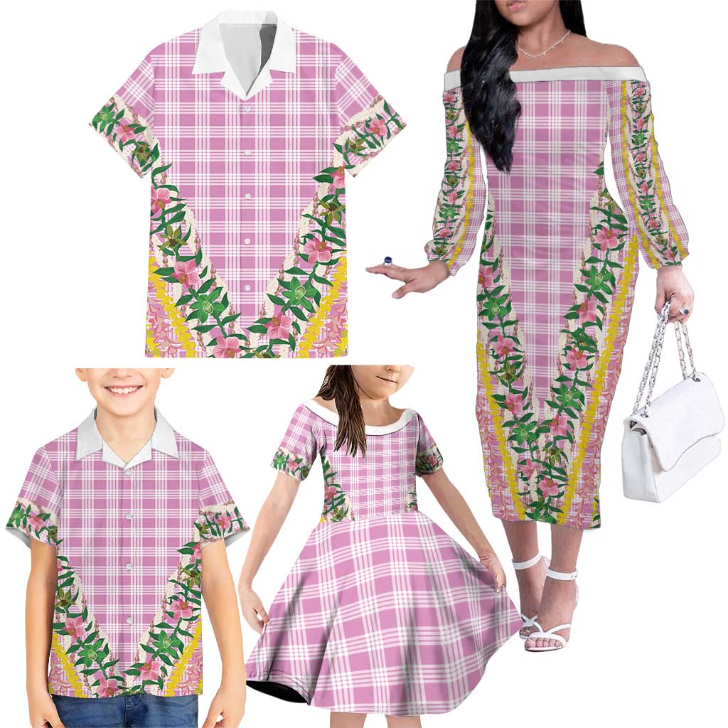 Hawaii Pikake Lokelani Plumeria Lei Family Matching Off The Shoulder Long Sleeve Dress and Hawaiian Shirt Pink Palaka Motifs