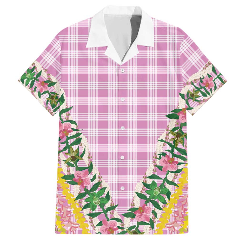 Hawaii Pikake Lokelani Plumeria Lei Family Matching Off Shoulder Maxi Dress and Hawaiian Shirt Pink Palaka Motifs LT05 Dad's Shirt - Short Sleeve Pink - Polynesian Pride