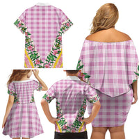 Hawaii Pikake Lokelani Plumeria Lei Family Matching Off Shoulder Short Dress and Hawaiian Shirt Pink Palaka Motifs LT05 - Polynesian Pride