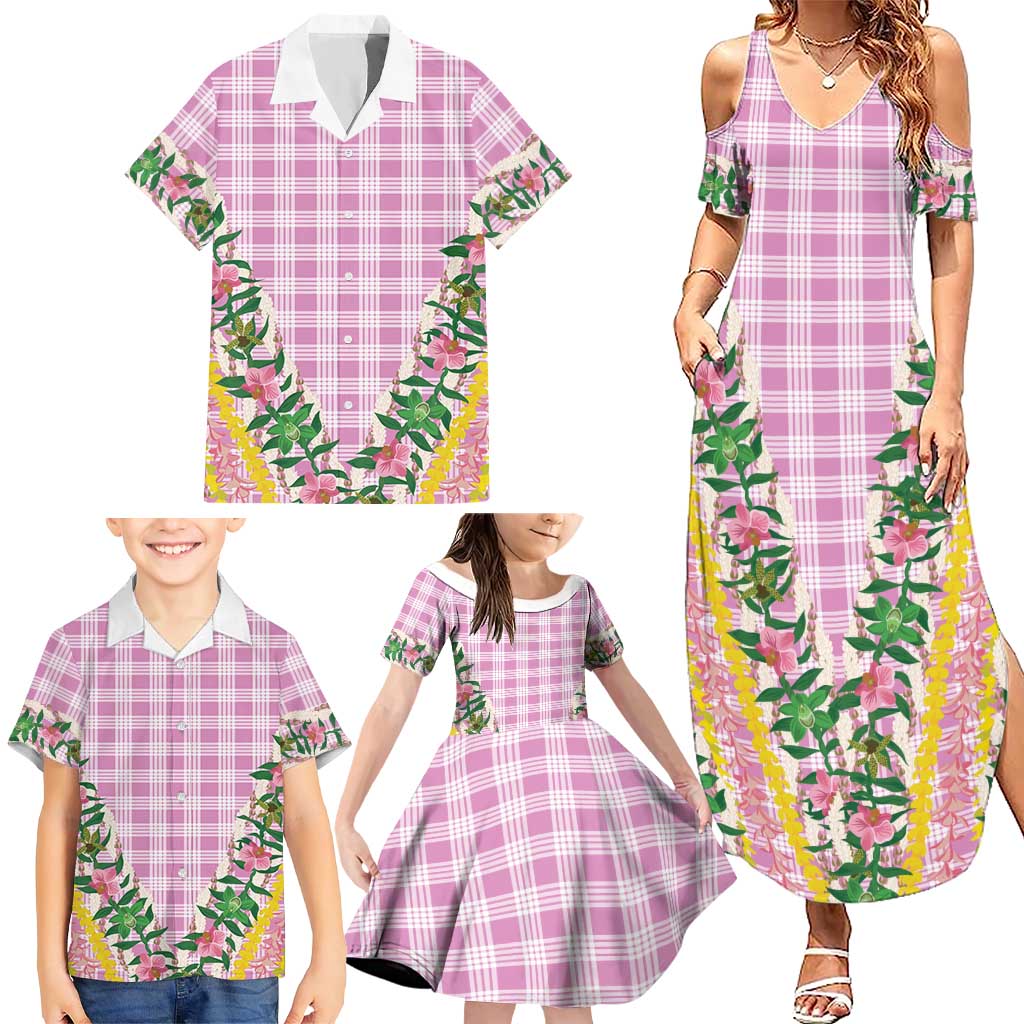 Hawaii Pikake Lokelani Plumeria Lei Family Matching Summer Maxi Dress and Hawaiian Shirt Pink Palaka Motifs LT05 - Polynesian Pride