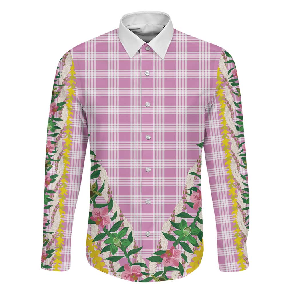 Hawaii Pikake Lokelani Plumeria Lei Family Matching Summer Maxi Dress and Hawaiian Shirt Pink Palaka Motifs LT05 Dad's Shirt - Long Sleeve Pink - Polynesian Pride