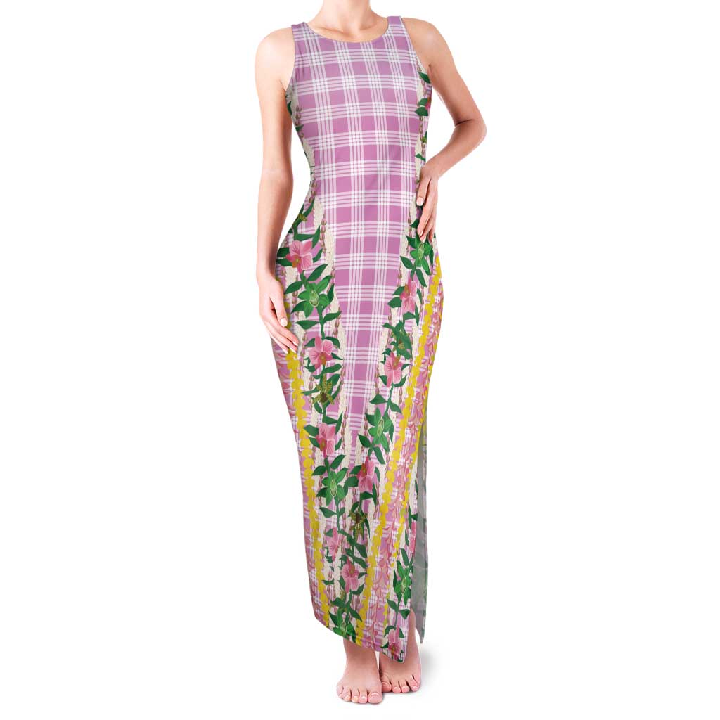 Hawaii Pikake Lokelani Plumeria Lei Family Matching Tank Maxi Dress and Hawaiian Shirt Pink Palaka Motifs LT05 Mom's Dress Pink - Polynesian Pride