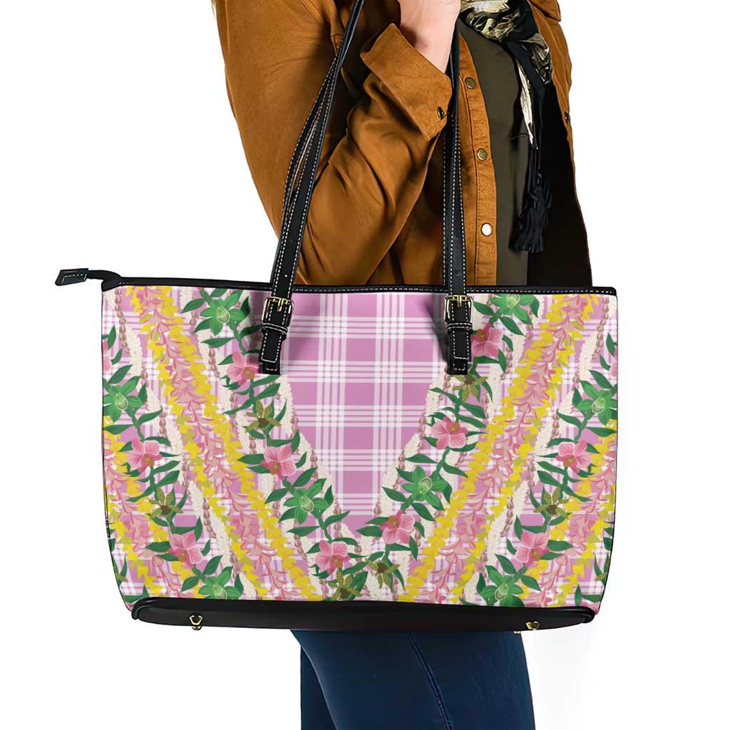 Hawaii Pikake Lokelani Plumeria Lei Leather Tote Bag Pink Palaka Motifs