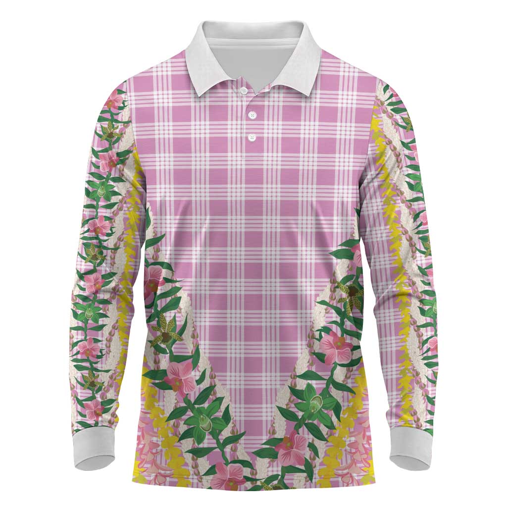 Hawaii Pikake Lokelani Plumeria Lei Long Sleeve Polo Shirt Pink Palaka Motifs