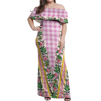Hawaii Pikake Lokelani Plumeria Lei Off Shoulder Maxi Dress Pink Palaka Motifs