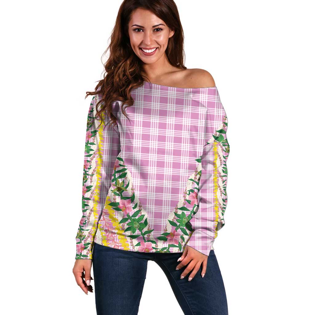 Hawaii Pikake Lokelani Plumeria Lei Off Shoulder Sweater Pink Palaka Motifs