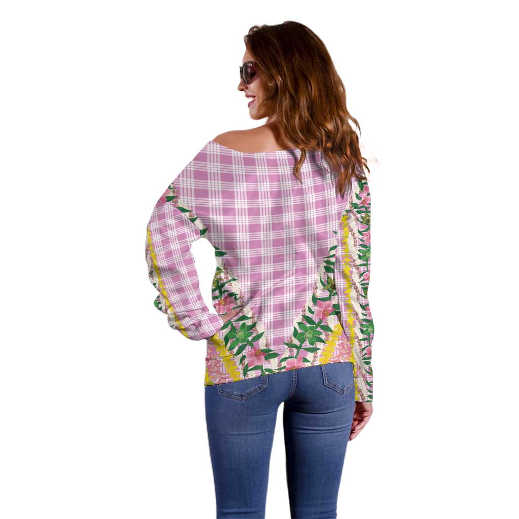 Hawaii Pikake Lokelani Plumeria Lei Off Shoulder Sweater Pink Palaka Motifs