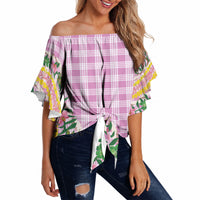 Hawaii Pikake Lokelani Plumeria Lei Off Shoulder Wrap Waist Top Pink Palaka Motifs LT05 - Polynesian Pride