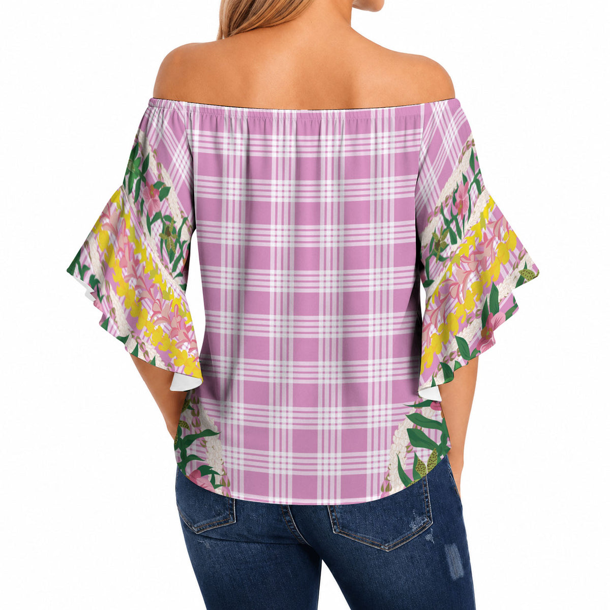 Hawaii Pikake Lokelani Plumeria Lei Off Shoulder Wrap Waist Top Pink Palaka Motifs LT05 - Polynesian Pride