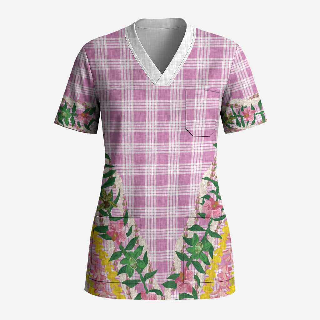 Hawaii Pikake Lokelani Plumeria Lei Scrub Top Pink Palaka Motifs