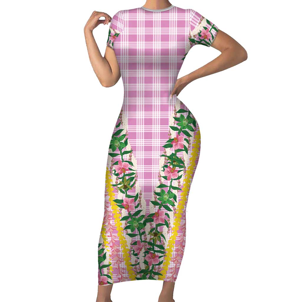 Hawaii Pikake Lokelani Plumeria Lei Short Sleeve Bodycon Dress Pink Palaka Motifs