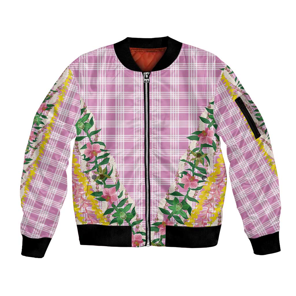 Hawaii Pikake Lokelani Plumeria Lei Sleeve Zip Bomber Jacket Pink Palaka Motifs