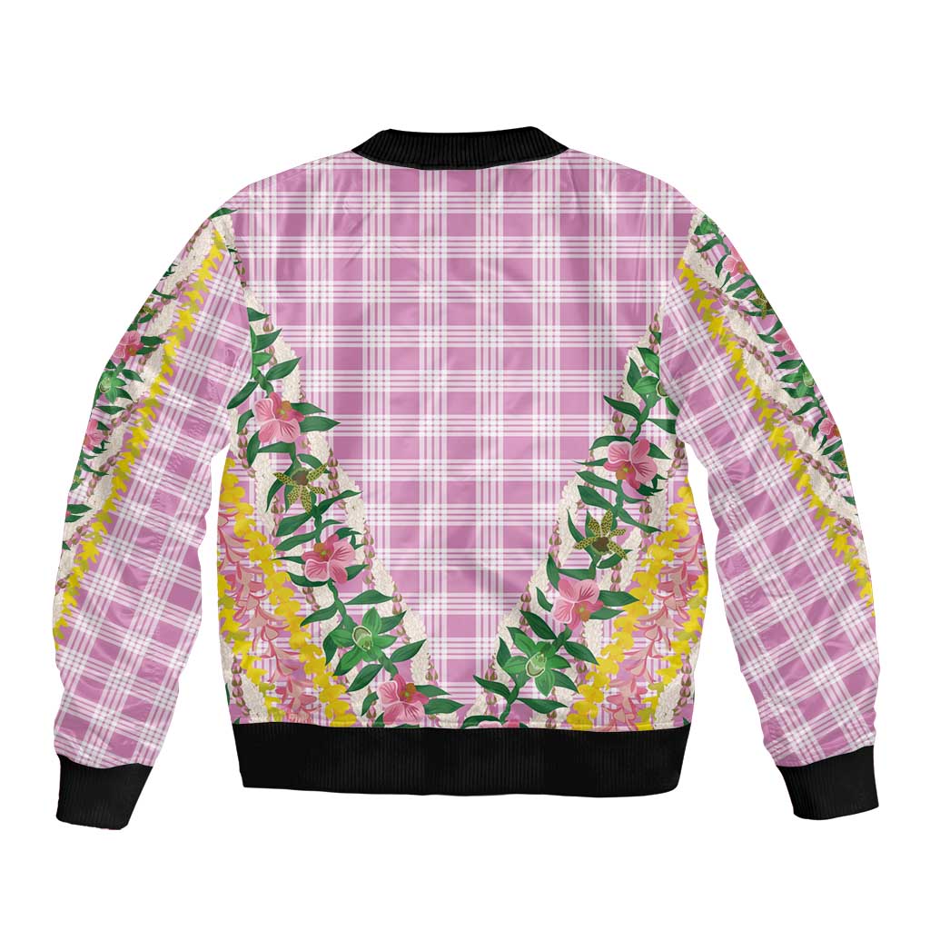 Hawaii Pikake Lokelani Plumeria Lei Sleeve Zip Bomber Jacket Pink Palaka Motifs
