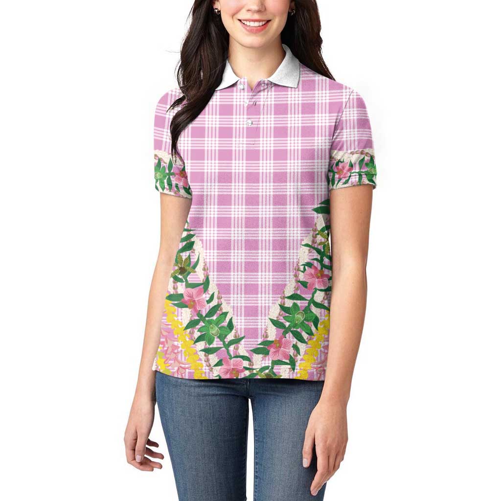Hawaii Pikake Lokelani Plumeria Lei Women Polo Shirt Pink Palaka Motifs LT05 - Polynesian Pride