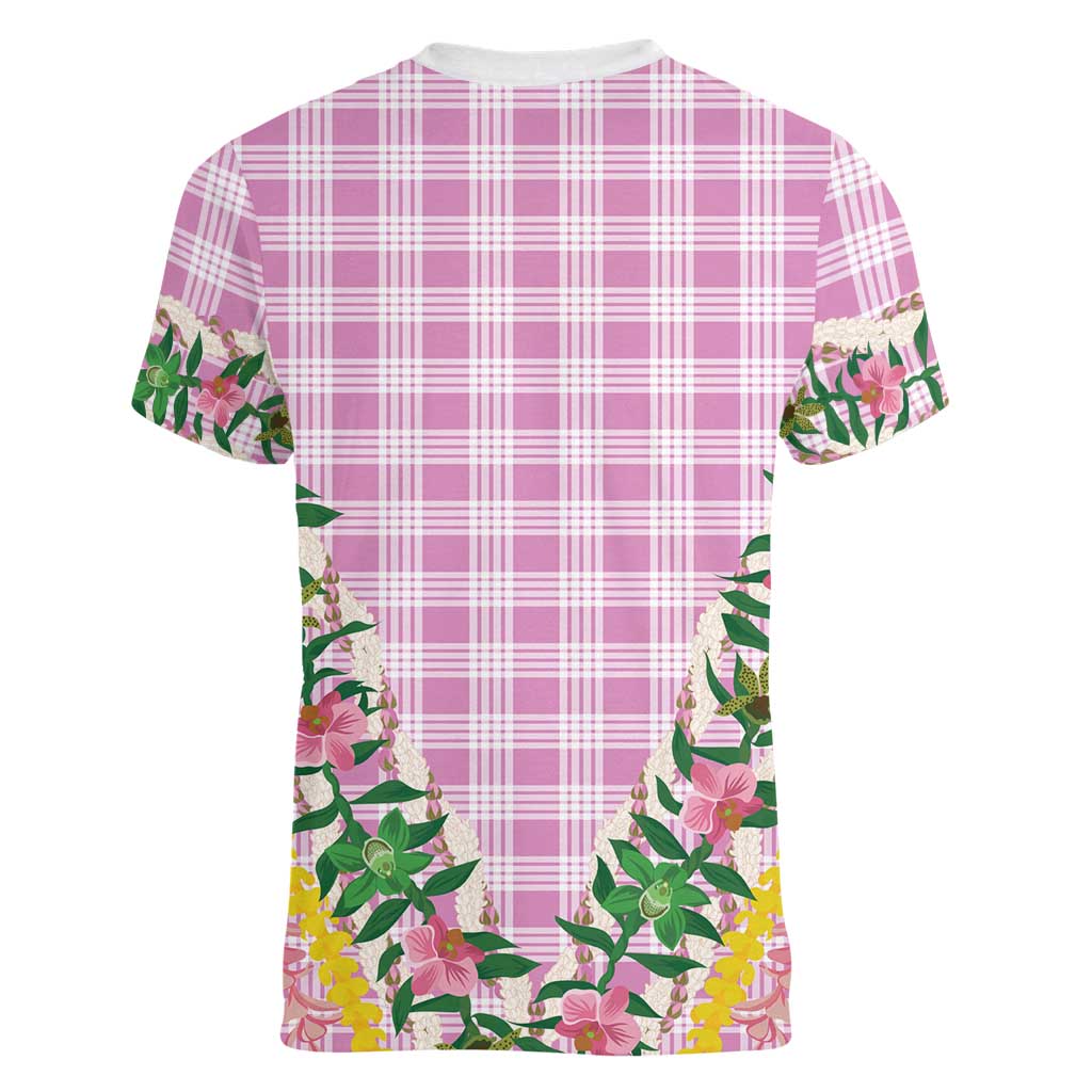 Hawaii Pikake Lokelani Plumeria Lei Women V-Neck T-Shirt Pink Palaka Motifs LT05 - Polynesian Pride