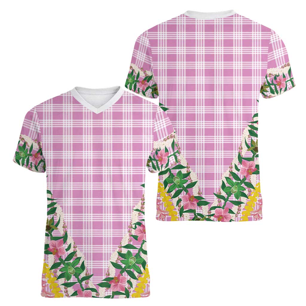 Hawaii Pikake Lokelani Plumeria Lei Women V-Neck T-Shirt Pink Palaka Motifs LT05 - Polynesian Pride