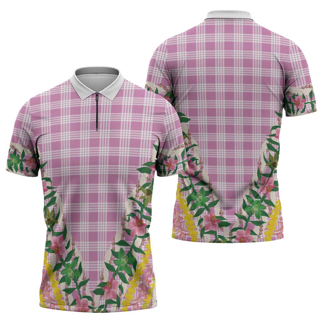 Hawaii Pikake Lokelani Plumeria Lei Zipper Polo Shirt Pink Palaka Motifs