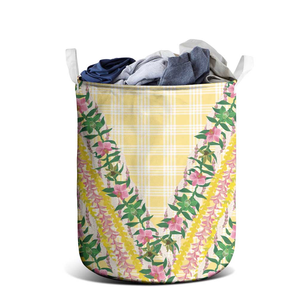 Hawaii Pikake Lokelani Plumeria Lei Laundry Basket Yellow Palaka Motifs