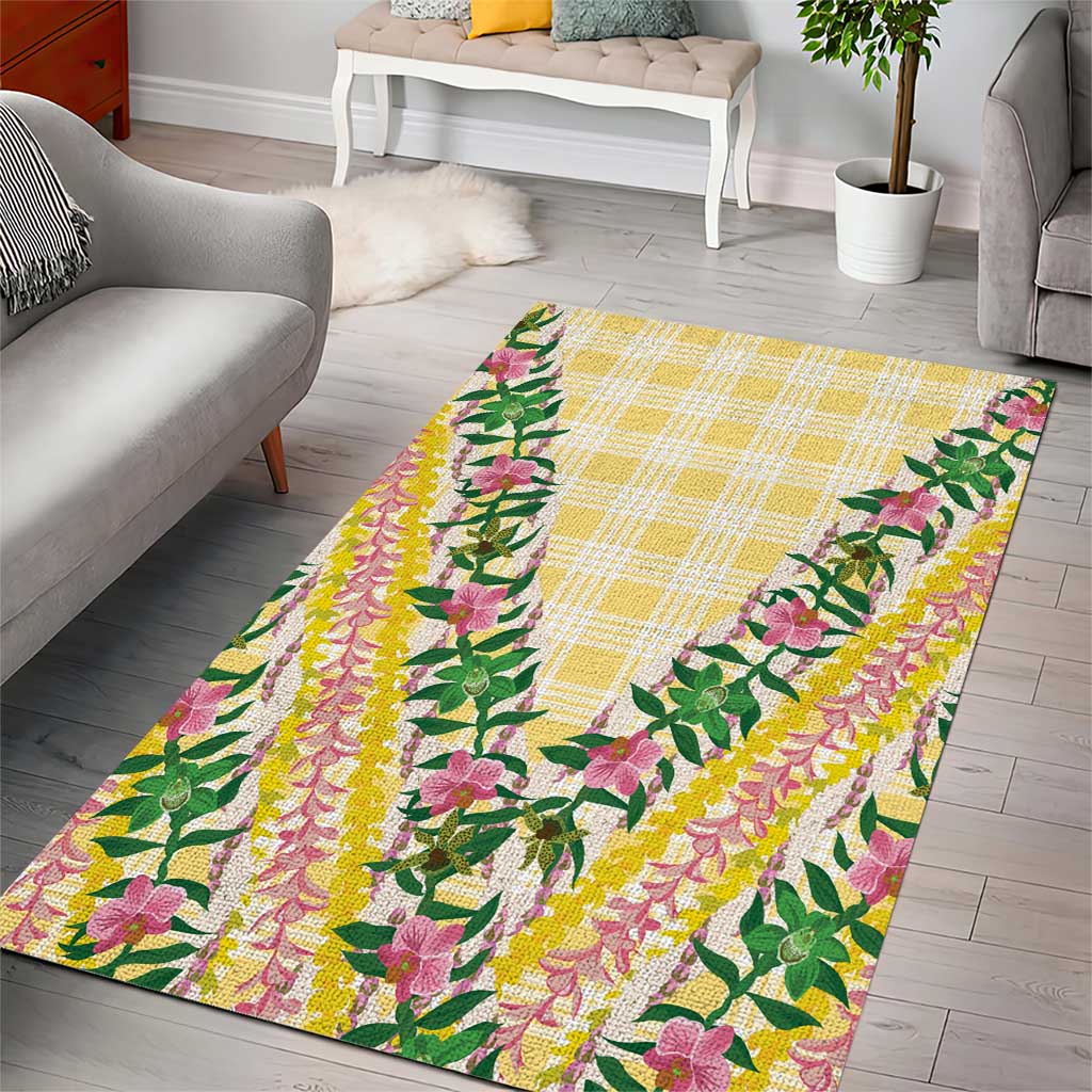 Hawaii Pikake Lokelani Plumeria Lei Area Rug Yellow Palaka Motifs