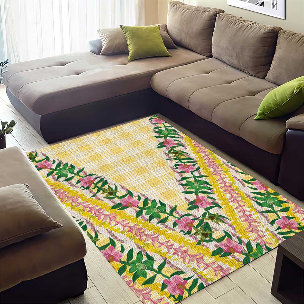 Hawaii Pikake Lokelani Plumeria Lei Area Rug Yellow Palaka Motifs