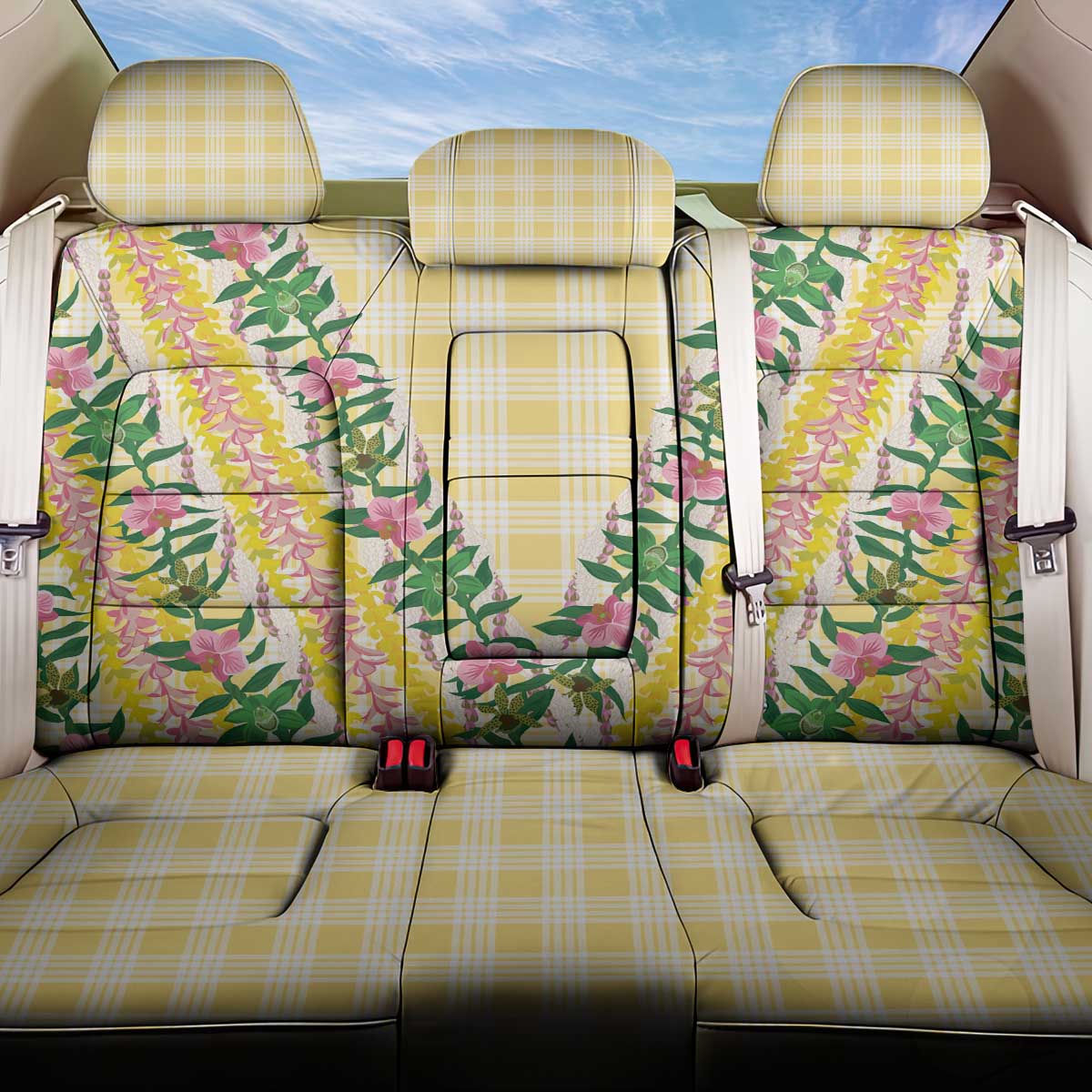 Hawaii Pikake Lokelani Plumeria Lei Back Car Seat Cover Yellow Palaka Motifs