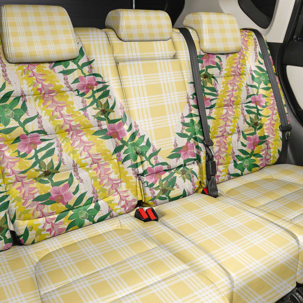 Hawaii Pikake Lokelani Plumeria Lei Back Car Seat Cover Yellow Palaka Motifs