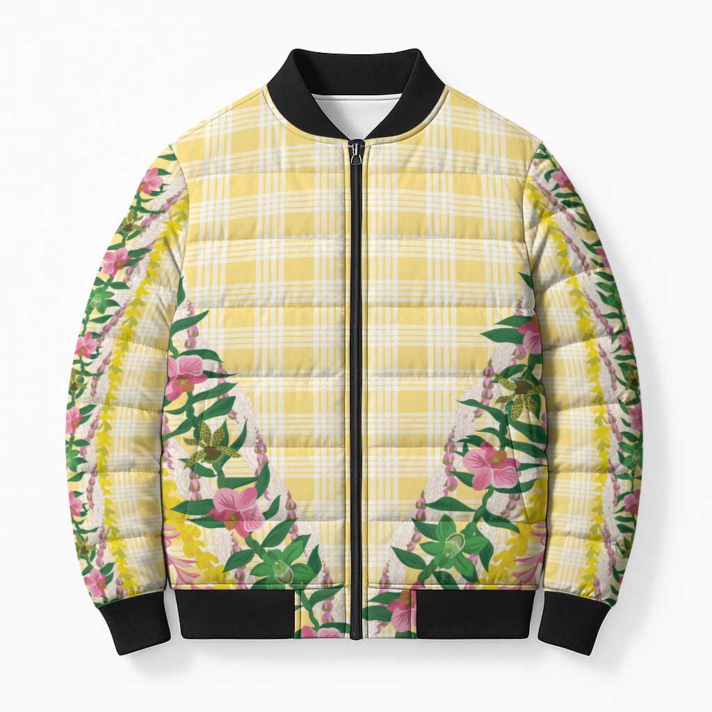 Hawaii Pikake Lokelani Plumeria Lei Bomber Puffer Jacket Yellow Palaka Motifs