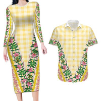 Hawaii Pikake Lokelani Plumeria Lei Couples Matching Long Sleeve Bodycon Dress and Hawaiian Shirt Yellow Palaka Motifs LT05 Yellow - Polynesian Pride