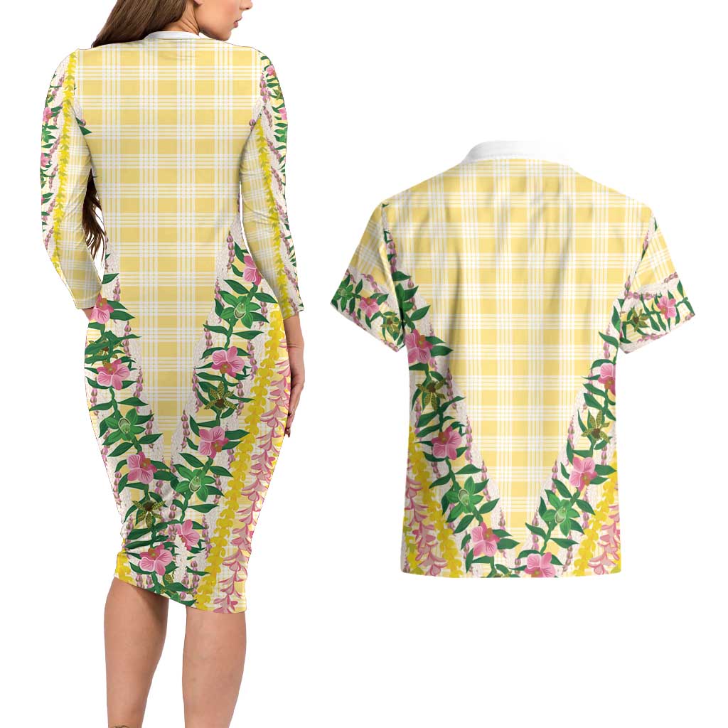 Hawaii Pikake Lokelani Plumeria Lei Couples Matching Long Sleeve Bodycon Dress and Hawaiian Shirt Yellow Palaka Motifs LT05 - Polynesian Pride