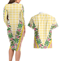 Hawaii Pikake Lokelani Plumeria Lei Couples Matching Long Sleeve Bodycon Dress and Hawaiian Shirt Yellow Palaka Motifs LT05 - Polynesian Pride