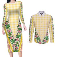 Hawaii Pikake Lokelani Plumeria Lei Couples Matching Long Sleeve Bodycon Dress and Long Sleeve Button Shirt Yellow Palaka Motifs LT05 Yellow - Polynesian Pride
